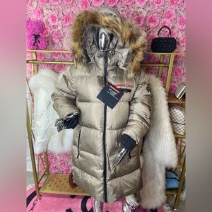 Prada Silver Puffer Coat with Fur Hood